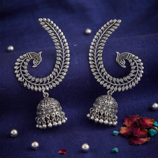 Oxidized Silver-Toned Peacock Ear Cuff Jhumki Earrings – Antique Finish Ear Cuffs with Ghungroo Drops for Women & Girls | Navratri Special