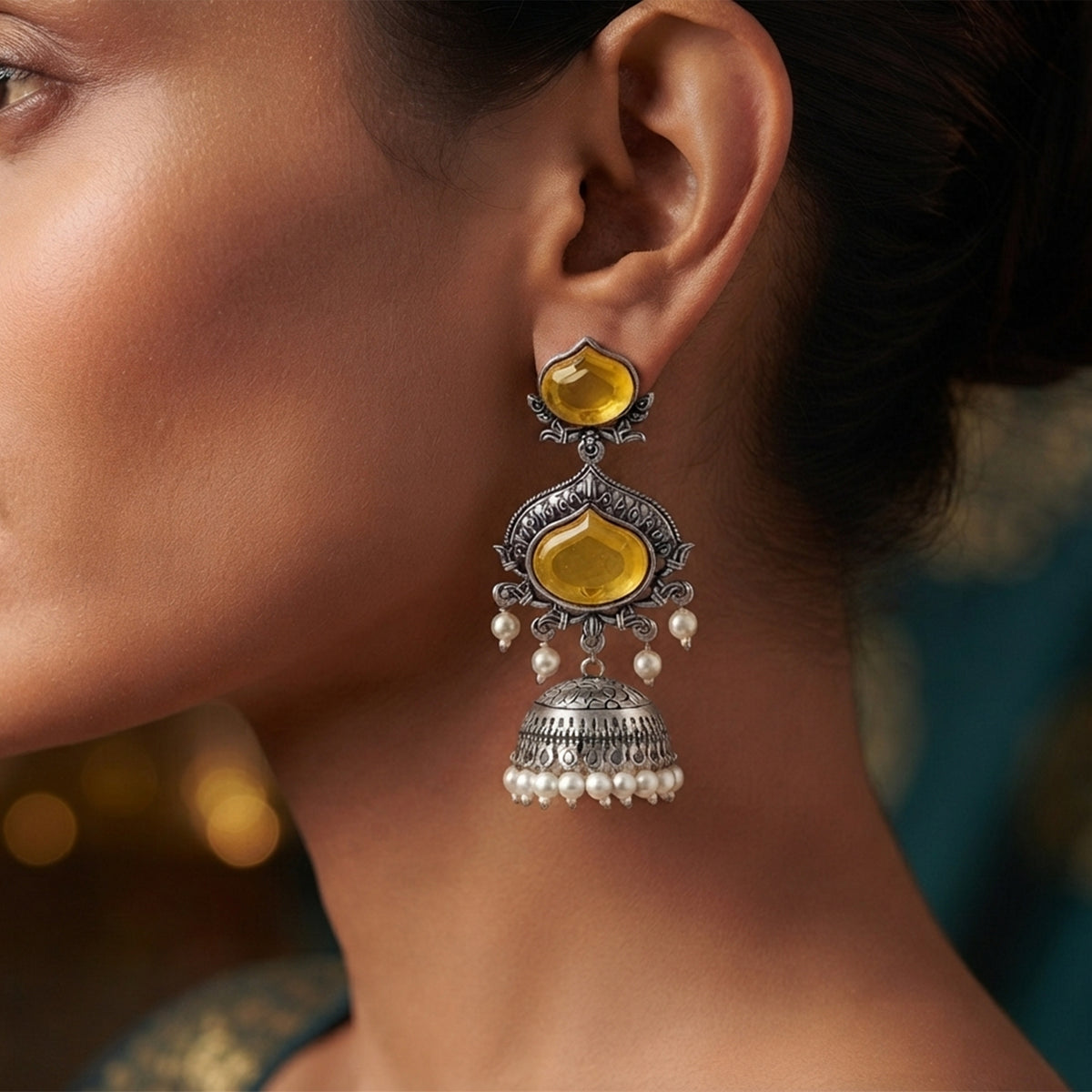 JFL - Jewellery for Less Oxidized Silver-Toned Jhumka Earrings with Yellow Stone and Pearl Drops – Traditional Ethnic Jewellery for Women