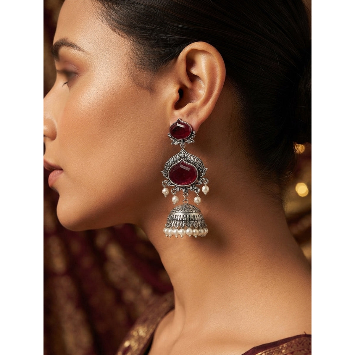 JFL - Jewellery for Less Oxidized Silver-Toned Jhumka Earrings with Maroon Stone and Pearl Drops – Traditional Ethnic Jewellery for Women