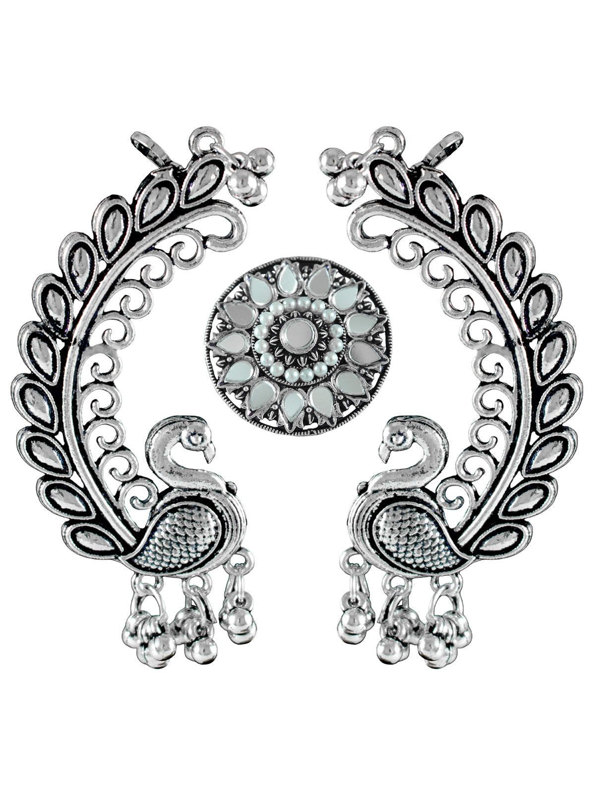 JFL - Jewellery for Less Combo of Oxidised Peacock Earrings & Finger Ring Set for Women & Girls | Antique Silver Plated Ethnic Traditional Jewellery Combo(Navratri Special)