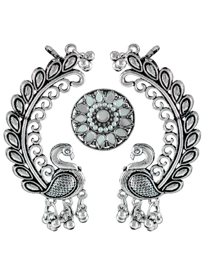 JFL - Jewellery for Less Combo of Oxidised Peacock Earrings & Finger Ring Set for Women & Girls | Antique Silver Plated Ethnic Traditional Jewellery Combo(Navratri Special)