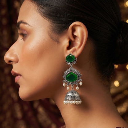 JFL - Jewellery for Less Oxidized Silver-Toned Jhumka Earrings with Green Stone and Pearl Drops – Traditional Ethnic Jewellery for Women