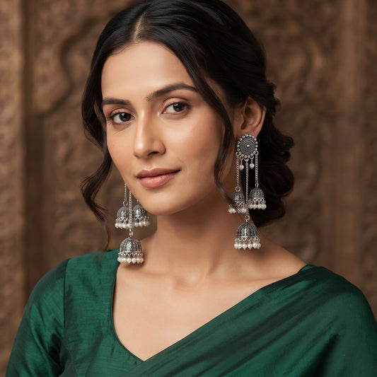 Oxidized Silver-Toned Triple Jhumki Earrings with Pearl Drops – Multi-Layer Chain Antique Finish Earrings for Women & Girls | Navratri Special