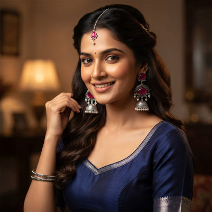 JFL - Jewellery for Less Oxidized Silver-Toned Jhumka Earrings with Wine Stone and Pearl Drops – Traditional Ethnic Jewellery for Women