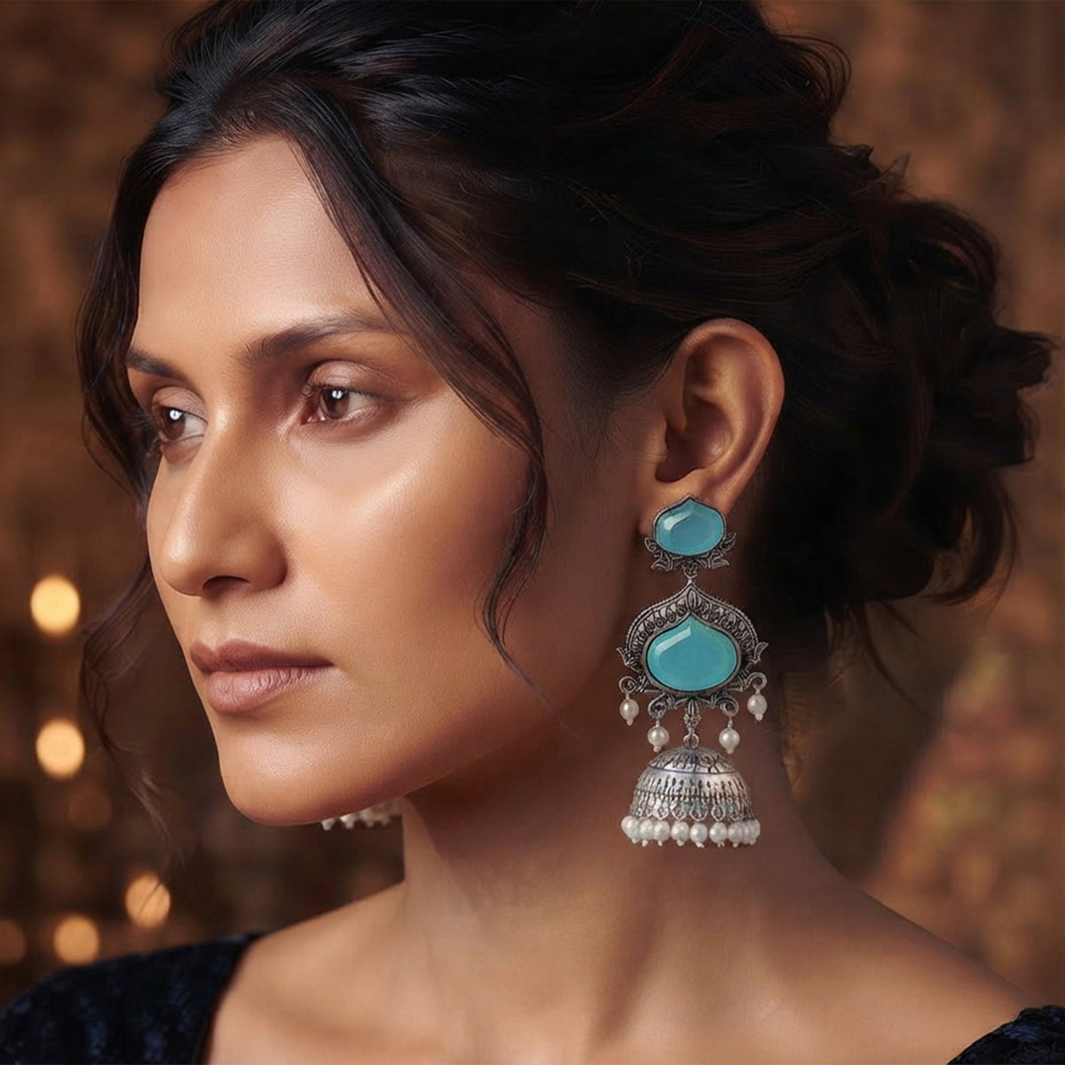 JFL - Jewellery for Less Oxidized Silver-Toned Jhumka Earrings with Sky Blue Stone and Pearl Drops – Traditional Ethnic Jewellery for Women