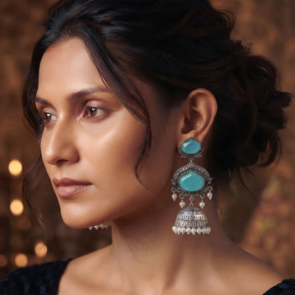 JFL - Jewellery for Less Oxidized Silver-Toned Jhumka Earrings with Sky Blue Stone and Pearl Drops – Traditional Ethnic Jewellery for Women