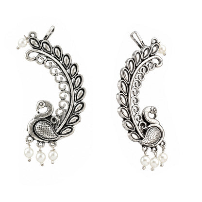 Oxidized Silver-Toned Peacock Ear Cuff Earrings with Pearl Drops – Antique Finish Leaf Pattern Ear Cuffs for Women & Girls | Navratri Special