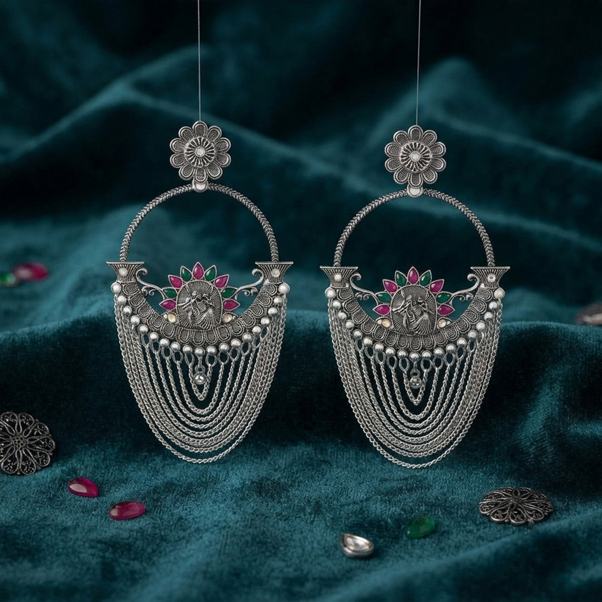 Oxidized Silver-Toned Antique Chandbali Earrings with Pink & Green Stones and Layered Chain Tassels – Traditional Ethnic Jhumki Earrings for Women & Girls | Navratri Special