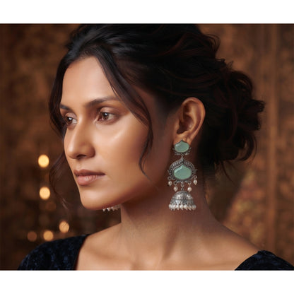 JFL - Jewellery for Less Oxidized Silver-Toned Jhumka Earrings with Mint-Green Stone and Pearl Drops – Traditional Ethnic Jewellery for Women