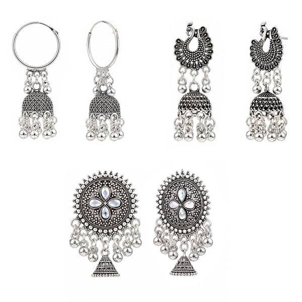 Oxidised Silver Jhumka Earrings Combo Pack of 3 for Women & Girls | Traditional Peacock, Temple & Floral Chandbali Designs | Ethnic Festive Jewellery for Wedding & Party