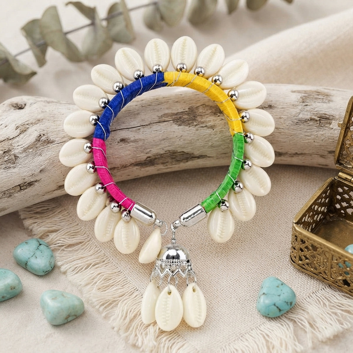 Handmade Cowrie Shell Bracelet for Women – Multicolor Thread Wrapped Boho Kada with Shell Dangler Charm | Navratri Special Ethnic Jewellery
