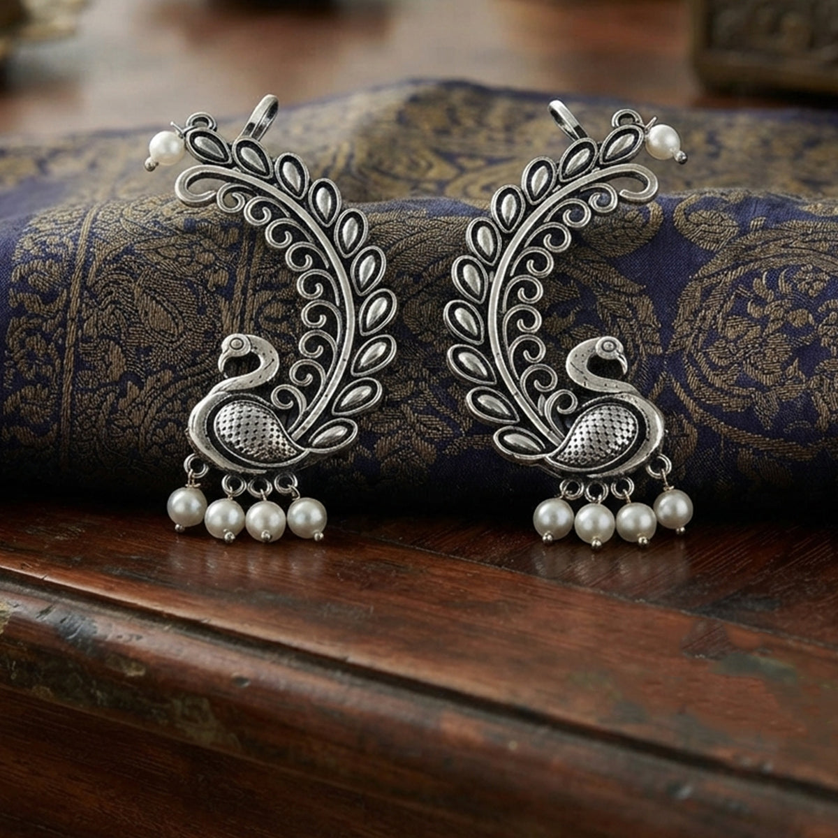 Oxidized Silver-Toned Peacock Ear Cuff Earrings with Pearl Drops – Antique Finish Leaf Pattern Ear Cuffs for Women & Girls | Navratri Special