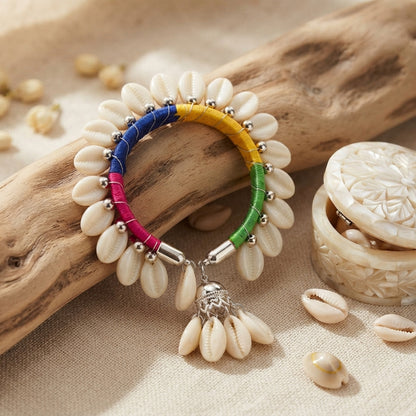 Handmade Cowrie Shell Bracelet for Women – Multicolor Thread Wrapped Boho Kada with Shell Dangler Charm | Navratri Special Ethnic Jewellery