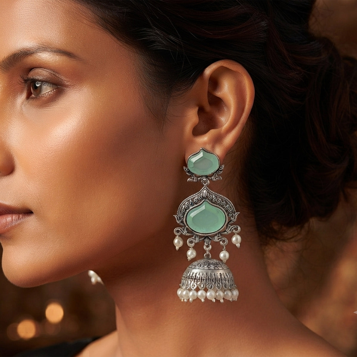 JFL - Jewellery for Less Oxidized Silver-Toned Jhumka Earrings with Mint-Green Stone and Pearl Drops – Traditional Ethnic Jewellery for Women