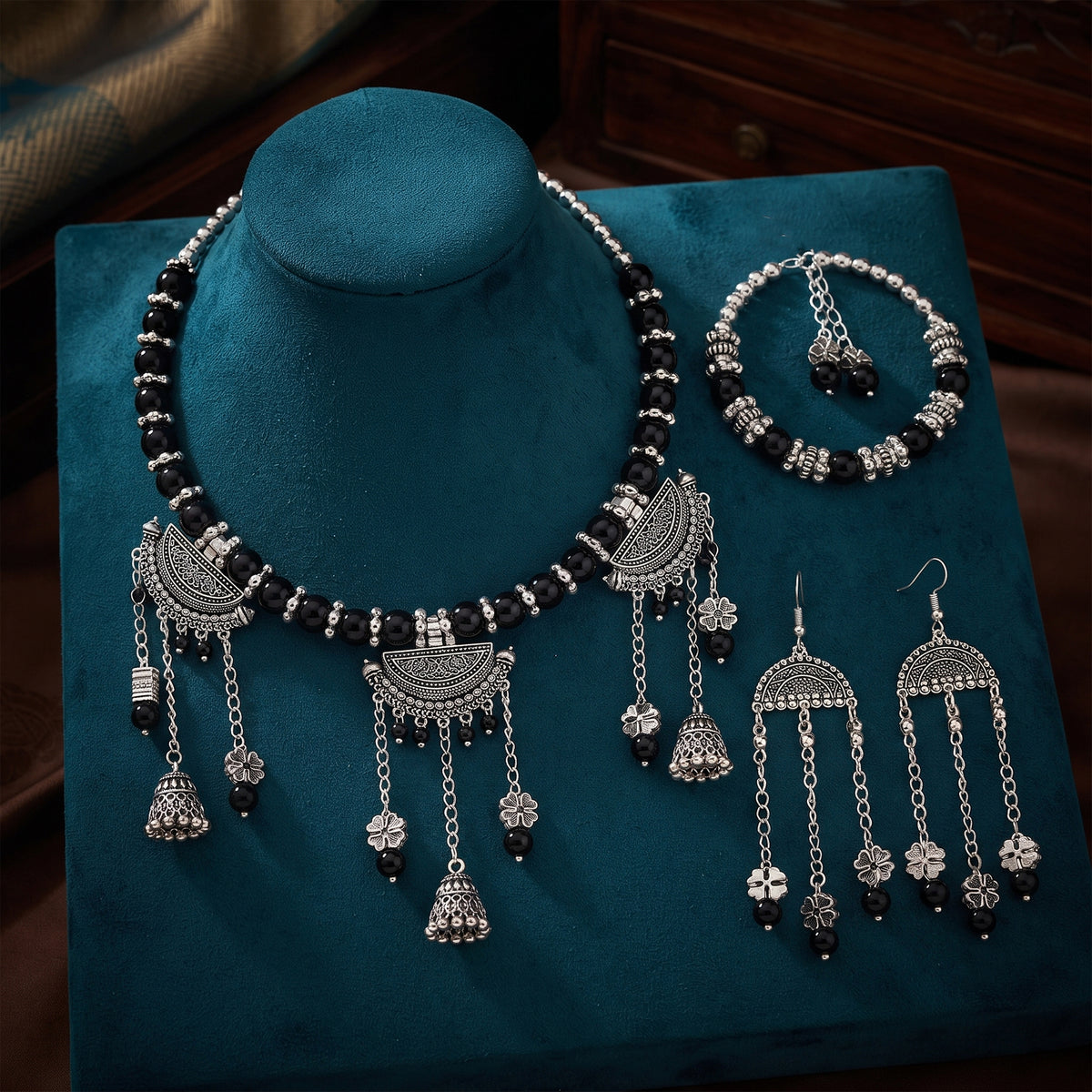 Oxidized German Silver Black Beaded Necklace, Bracelet & Dangle Earrings Set – 3-Piece Ethnic Wire Collar Jewellery Set for Women, Navratri Special