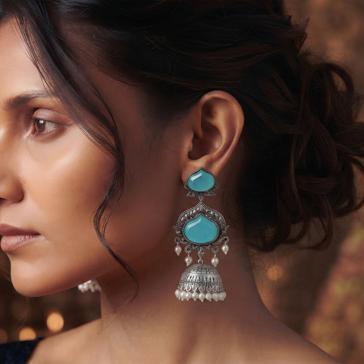 JFL - Jewellery for Less Oxidized Silver-Toned Jhumka Earrings with Sky Blue Stone and Pearl Drops – Traditional Ethnic Jewellery for Women