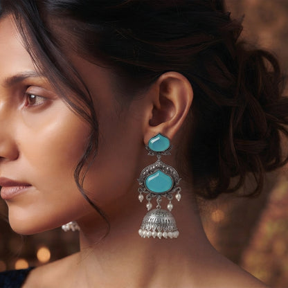JFL - Jewellery for Less Oxidized Silver-Toned Jhumka Earrings with Sky Blue Stone and Pearl Drops – Traditional Ethnic Jewellery for Women