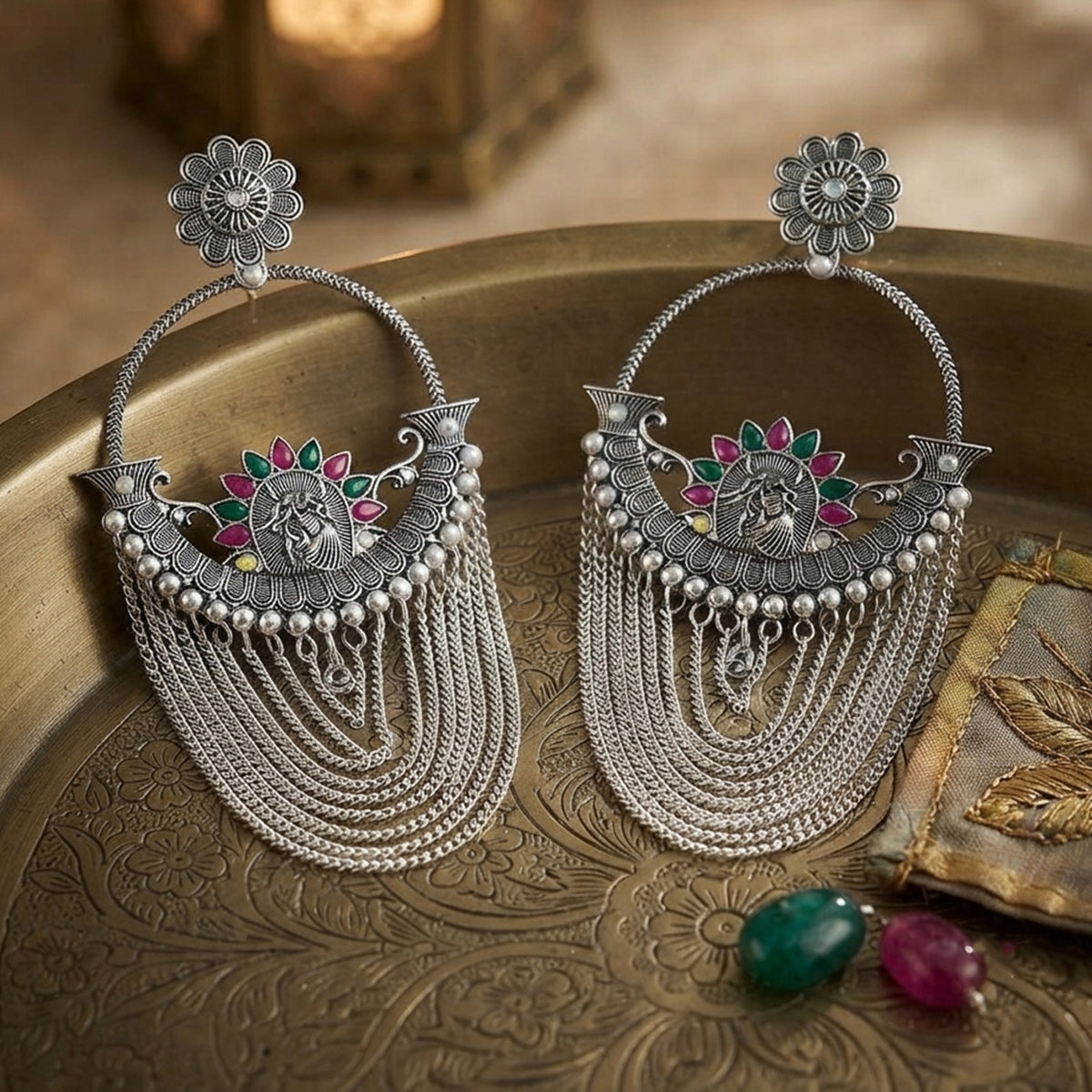 Oxidized Silver-Toned Antique Chandbali Earrings with Pink & Green Stones and Layered Chain Tassels – Traditional Ethnic Jhumki Earrings for Women & Girls | Navratri Special