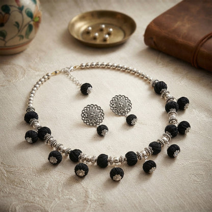 Oxidized German Silver Beaded Necklace with Black Thread Ball Danglers & Earrings Set – Ethnic Wire Collar Jewellery Set for Women, Navratri Special