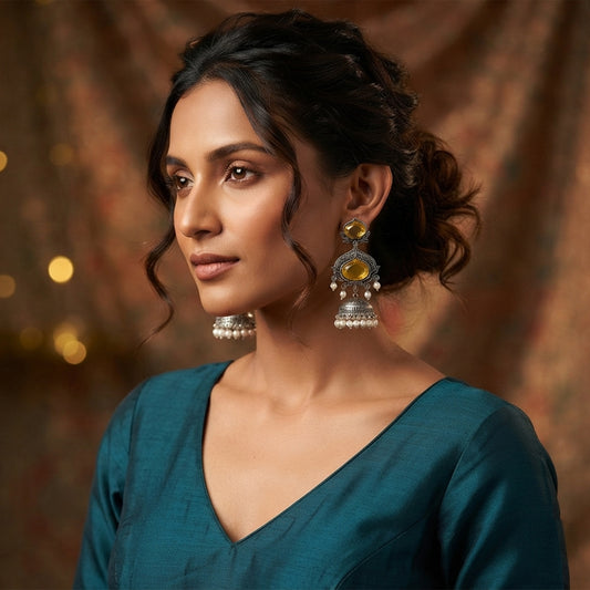 JFL - Jewellery for Less Oxidized Silver-Toned Jhumka Earrings with Yellow Stone and Pearl Drops – Traditional Ethnic Jewellery for Women