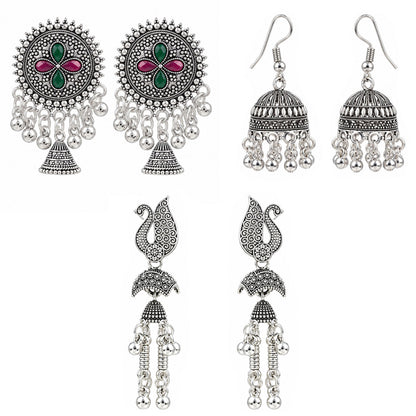 Oxidised Silver Earrings Combo Pack of 3 for Women & Girls | Traditional Indian Ethnic Jhumka, Peacock & Floral Designs | Festive, Wedding & Party