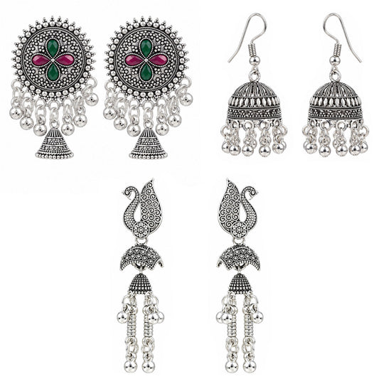 Oxidised Silver Earrings Combo Pack of 3 for Women & Girls | Traditional Indian Ethnic Jhumka, Peacock & Floral Designs | Festive, Wedding & Party