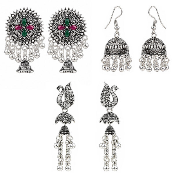 Oxidised Silver Earrings Combo Pack of 3 for Women & Girls | Traditional Indian Ethnic Jhumka, Peacock & Floral Designs | Festive, Wedding & Party