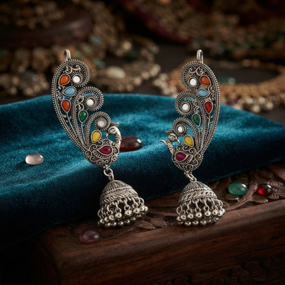 Oxidized Silver-Toned Multicolor Peacock Ear Cuff Jhumki Earrings – Traditional Antique Finish Ear Cuffs with Stone Work for Women & Girls | Navratri Special