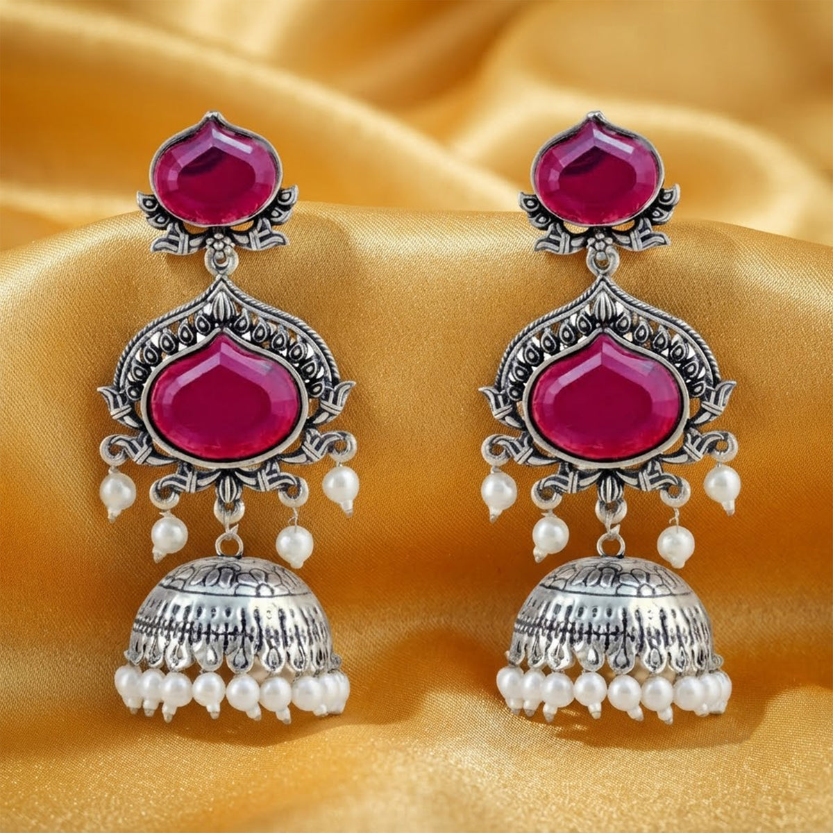 JFL - Jewellery for Less Oxidized Silver-Toned Jhumka Earrings with Wine Stone and Pearl Drops – Traditional Ethnic Jewellery for Women