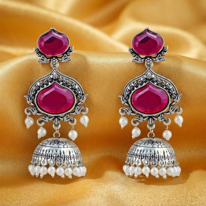 JFL - Jewellery for Less Oxidized Silver-Toned Jhumka Earrings with Wine Stone and Pearl Drops – Traditional Ethnic Jewellery for Women