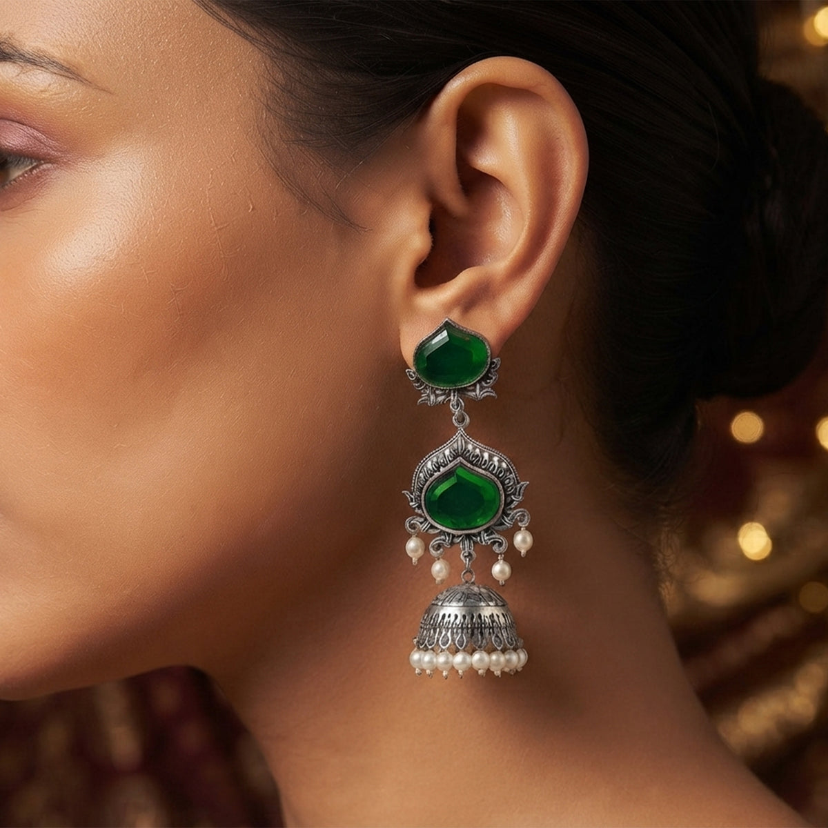 JFL - Jewellery for Less Oxidized Silver-Toned Jhumka Earrings with Green Stone and Pearl Drops – Traditional Ethnic Jewellery for Women