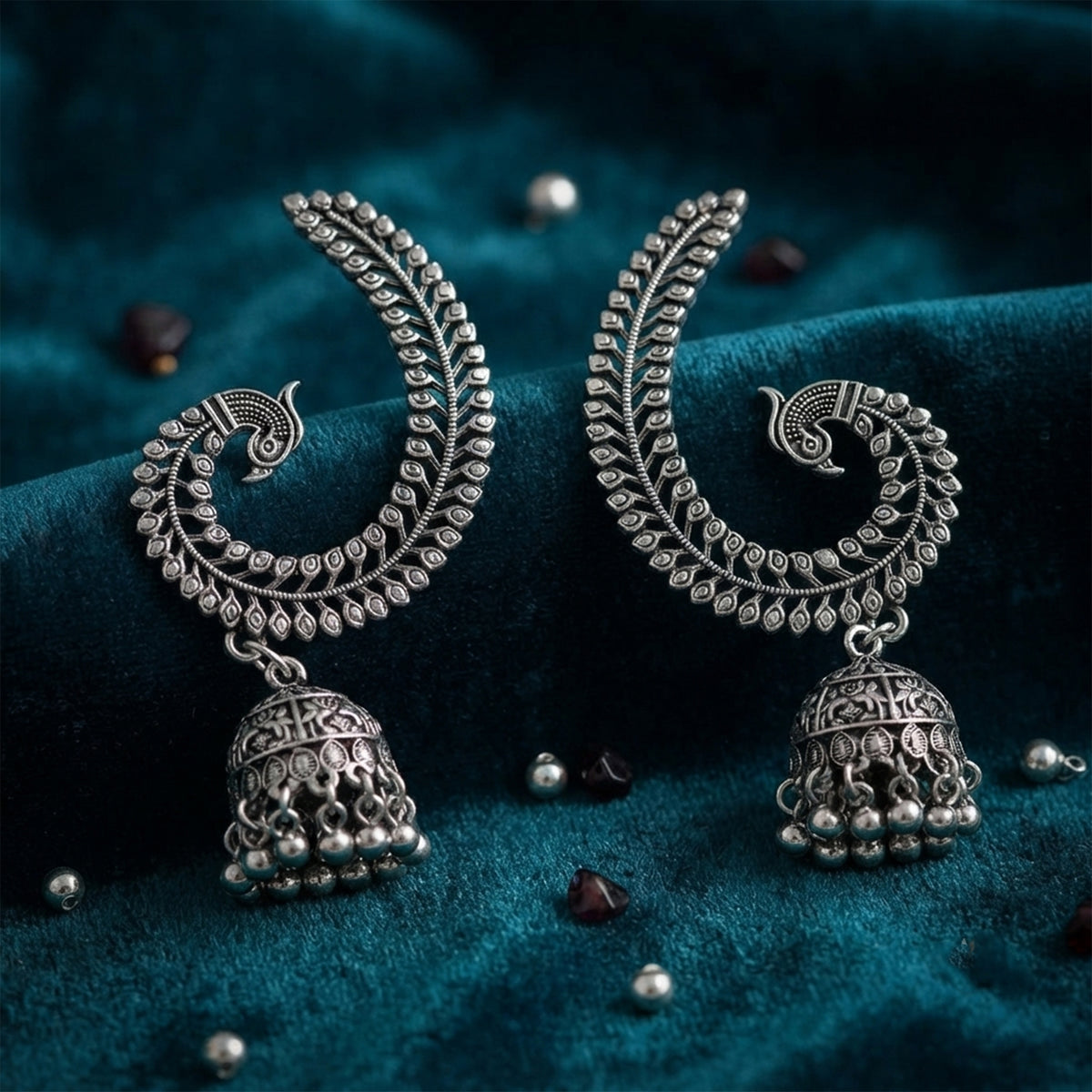 Oxidized Silver-Toned Peacock Ear Cuff Jhumki Earrings – Antique Finish Ear Cuffs with Ghungroo Drops for Women & Girls | Navratri Special