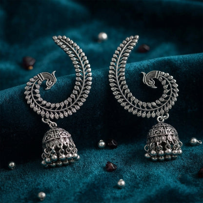 Oxidized Silver-Toned Peacock Ear Cuff Jhumki Earrings – Antique Finish Ear Cuffs with Ghungroo Drops for Women & Girls | Navratri Special