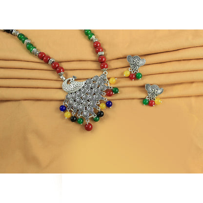 JFL – Jewellery for Less Oxidised Silver Peacock Pendant Jewelry Set for Women | Maroon Green Black Beaded Necklace, Earrings | Ethnic Navratri, Garba