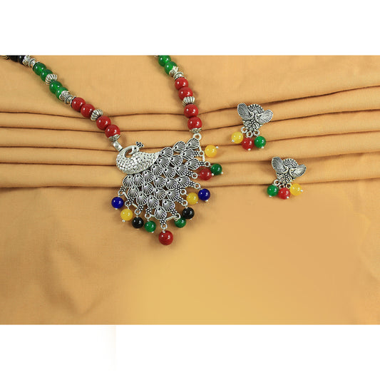 JFL – Jewellery for Less Oxidised Silver Peacock Pendant Jewelry Set for Women | Maroon Green Black Beaded Necklace, Earrings | Ethnic Navratri, Garba