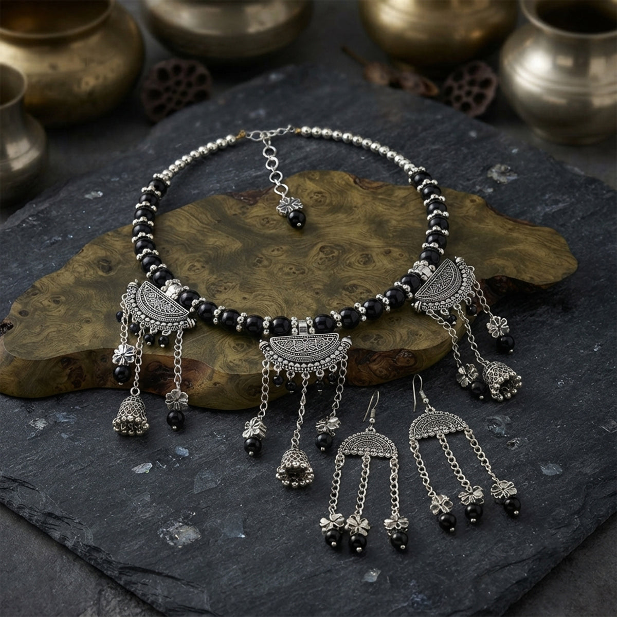 Oxidized German Silver Black Beaded Necklace, Bracelet & Dangle Earrings Set – 3-Piece Ethnic Wire Collar Jewellery Set for Women, Navratri Special