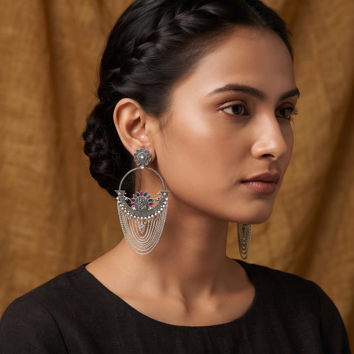 Oxidized Silver-Toned Antique Chandbali Earrings with Pink & Green Stones and Layered Chain Tassels – Traditional Ethnic Jhumki Earrings for Women & Girls | Navratri Special