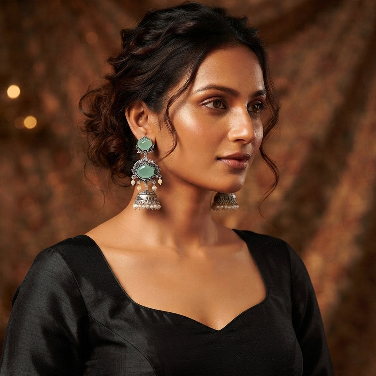 JFL - Jewellery for Less Oxidized Silver-Toned Jhumka Earrings with Mint-Green Stone and Pearl Drops – Traditional Ethnic Jewellery for Women