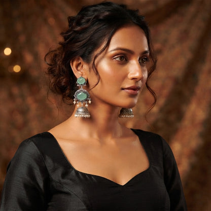 JFL - Jewellery for Less Oxidized Silver-Toned Jhumka Earrings with Mint-Green Stone and Pearl Drops – Traditional Ethnic Jewellery for Women