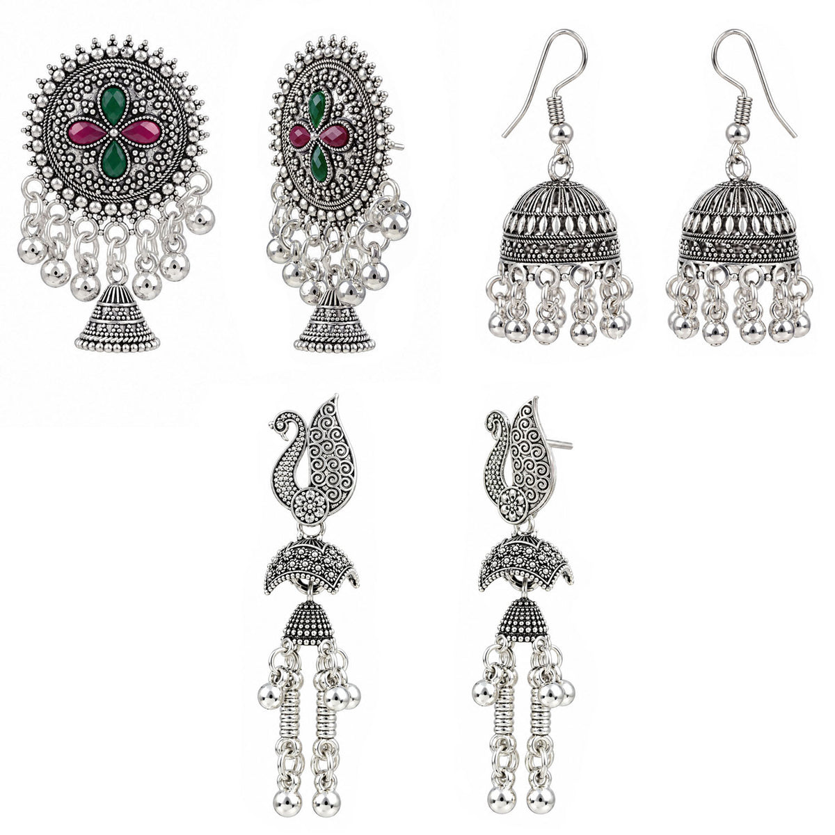Oxidised Silver Earrings Combo Pack of 3 for Women & Girls | Traditional Indian Ethnic Jhumka, Peacock & Floral Designs | Festive, Wedding & Party