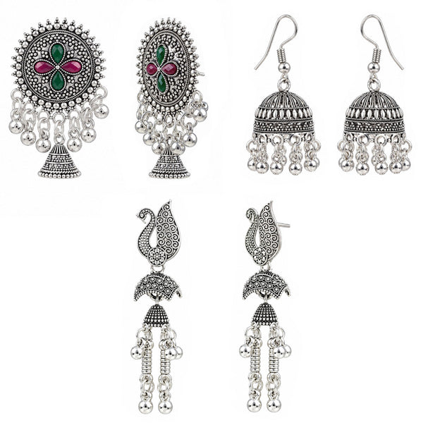 Oxidised Silver Earrings Combo Pack of 3 for Women & Girls | Traditional Indian Ethnic Jhumka, Peacock & Floral Designs | Festive, Wedding & Party