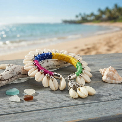 Handmade Cowrie Shell Bracelet for Women – Multicolor Thread Wrapped Boho Kada with Shell Dangler Charm | Navratri Special Ethnic Jewellery