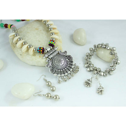 JFL - Jewellery for Less Oxidised Necklace Earrings Bracelet Set with Shell & Multicolour Beads, Jhumka & Charm Accents – Jewellery for Women & Girls – Navratri, Garba, Wedding & Party Use