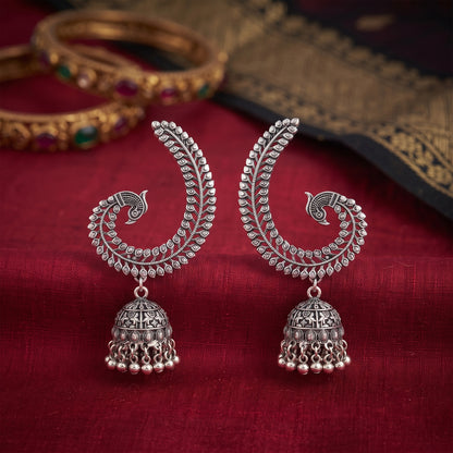Oxidized Silver-Toned Peacock Ear Cuff Jhumki Earrings – Antique Finish Ear Cuffs with Ghungroo Drops for Women & Girls | Navratri Special