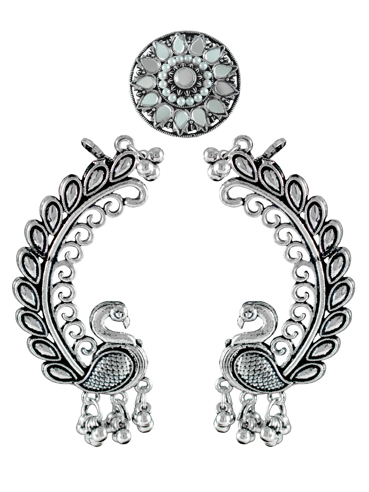 JFL - Jewellery for Less Combo of Oxidised Peacock Earrings & Finger Ring Set for Women & Girls | Antique Silver Plated Ethnic Traditional Jewellery Combo(Navratri Special)