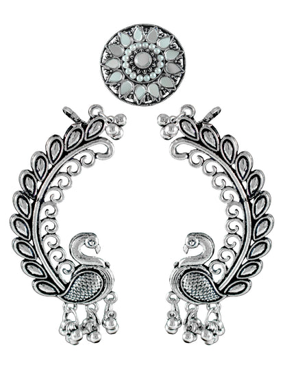 JFL - Jewellery for Less Combo of Oxidised Peacock Earrings & Finger Ring Set for Women & Girls | Antique Silver Plated Ethnic Traditional Jewellery Combo(Navratri Special)