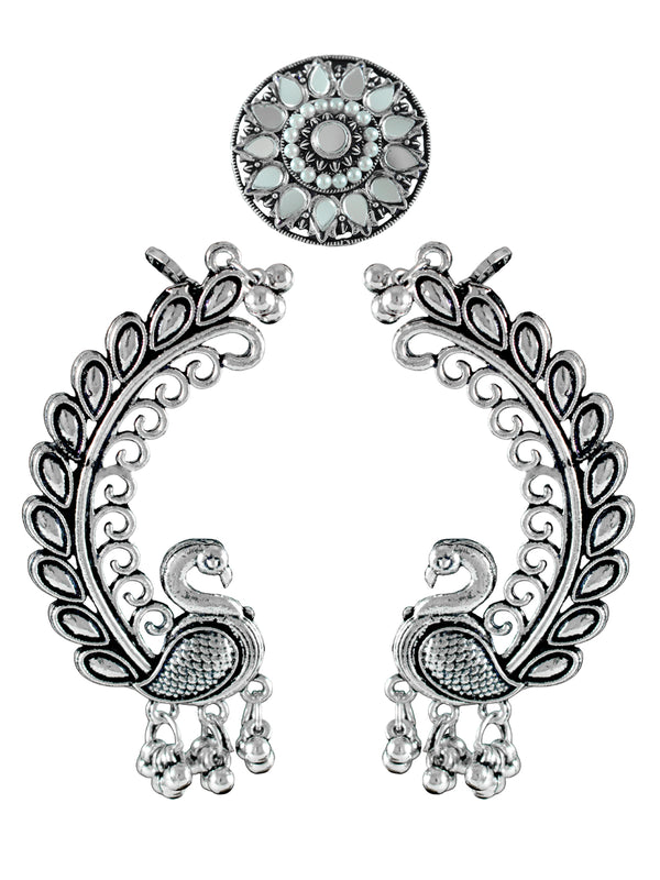 JFL - Jewellery for Less Combo of Oxidised Peacock Earrings & Finger Ring Set for Women & Girls | Antique Silver Plated Ethnic Traditional Jewellery Combo(Navratri Special)