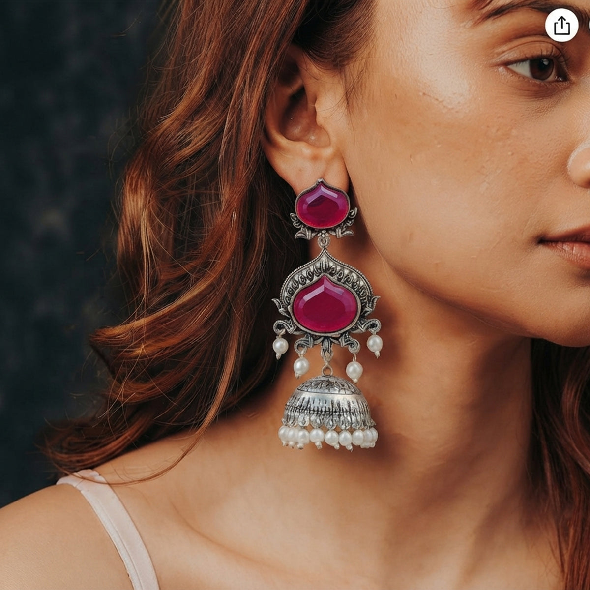 JFL - Jewellery for Less Oxidized Silver-Toned Jhumka Earrings with Wine Stone and Pearl Drops – Traditional Ethnic Jewellery for Women