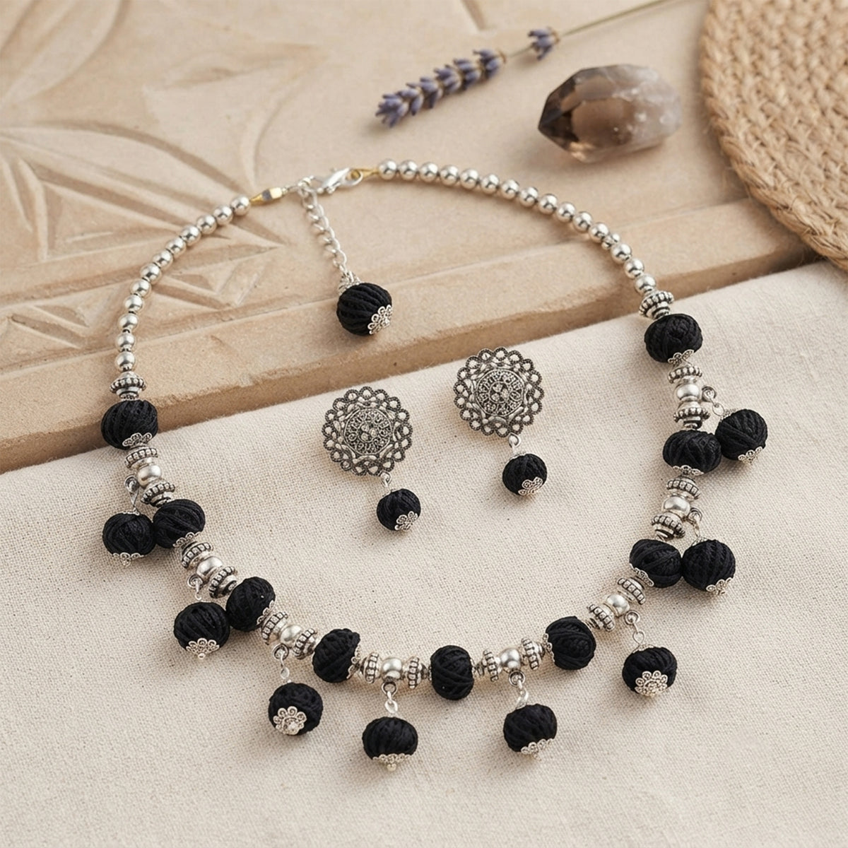 Oxidized German Silver Beaded Necklace with Black Thread Ball Danglers & Earrings Set – Ethnic Wire Collar Jewellery Set for Women, Navratri Special