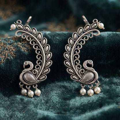Oxidized Silver-Toned Peacock Ear Cuff Earrings with Pearl Drops – Antique Finish Leaf Pattern Ear Cuffs for Women & Girls | Navratri Special